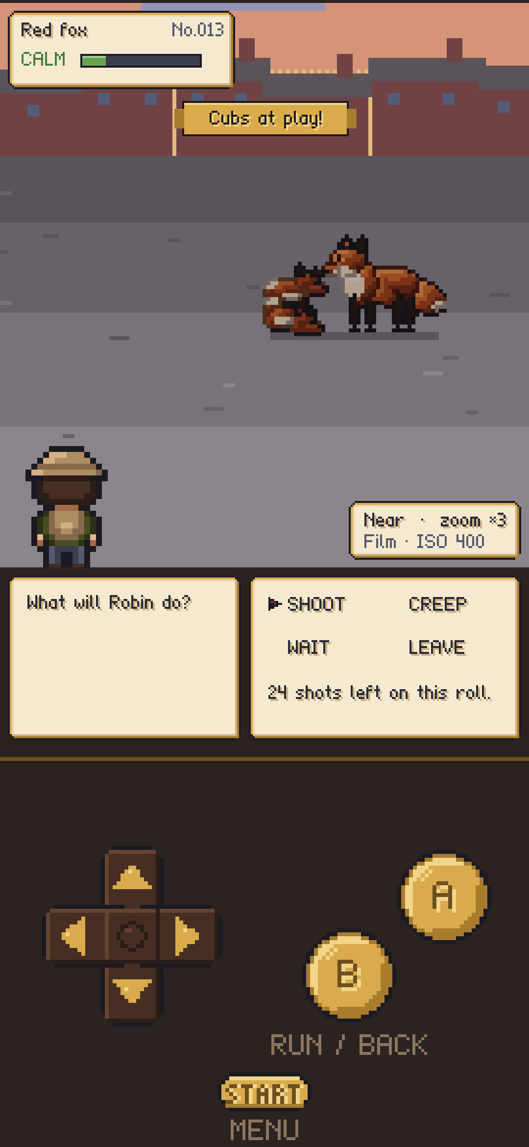 The game on a phone: a red fox in a Millbrook alley at dusk, with the SHOOT, CREEP, WAIT and LEAVE menu and the control deck below.